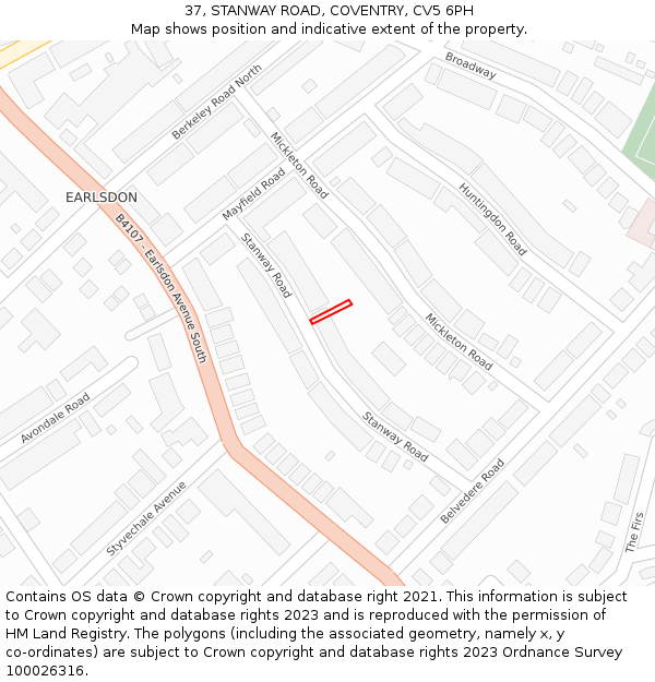 37, STANWAY ROAD, COVENTRY, CV5 6PH: Location map and indicative extent of plot