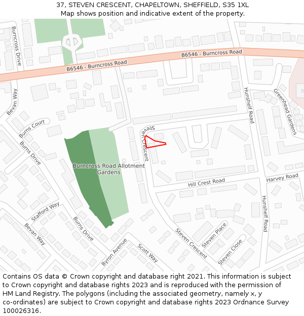 37, STEVEN CRESCENT, CHAPELTOWN, SHEFFIELD, S35 1XL: Location map and indicative extent of plot