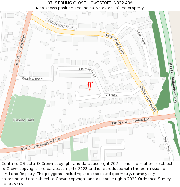 37, STIRLING CLOSE, LOWESTOFT, NR32 4RA: Location map and indicative extent of plot