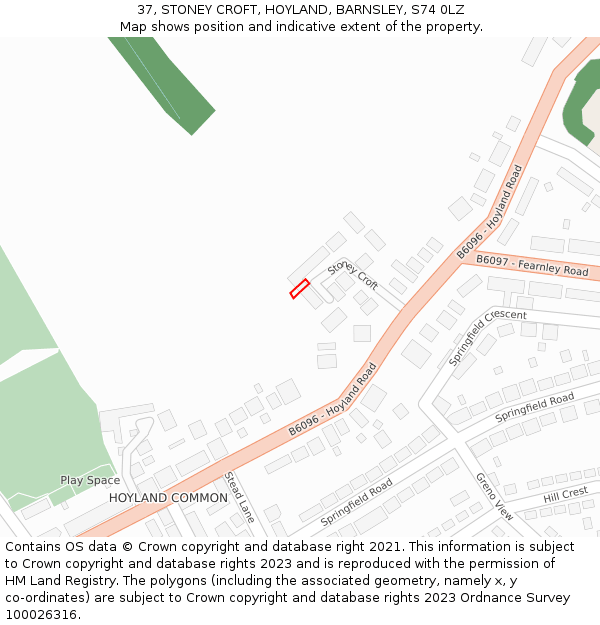 37, STONEY CROFT, HOYLAND, BARNSLEY, S74 0LZ: Location map and indicative extent of plot