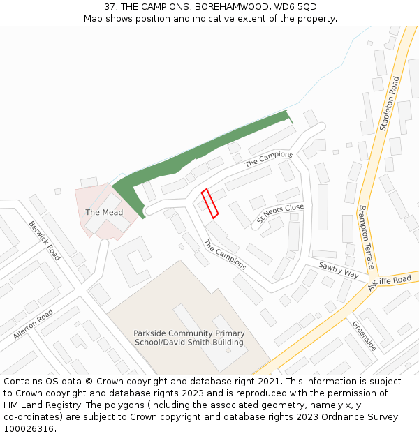 37, THE CAMPIONS, BOREHAMWOOD, WD6 5QD: Location map and indicative extent of plot