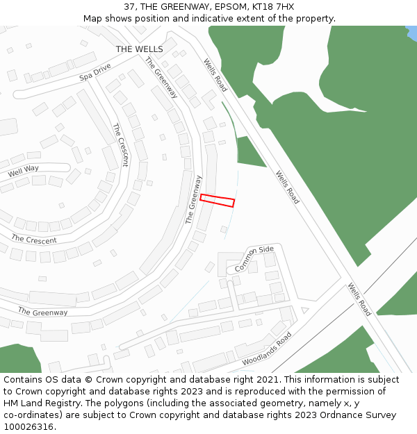 37, THE GREENWAY, EPSOM, KT18 7HX: Location map and indicative extent of plot
