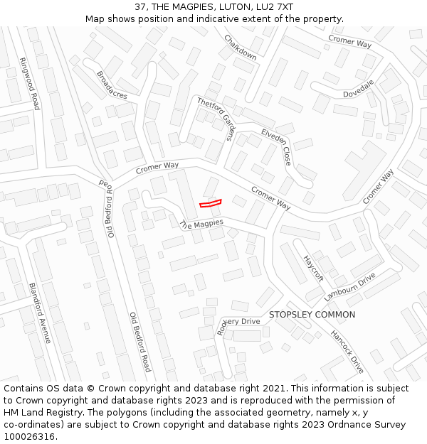 37, THE MAGPIES, LUTON, LU2 7XT: Location map and indicative extent of plot