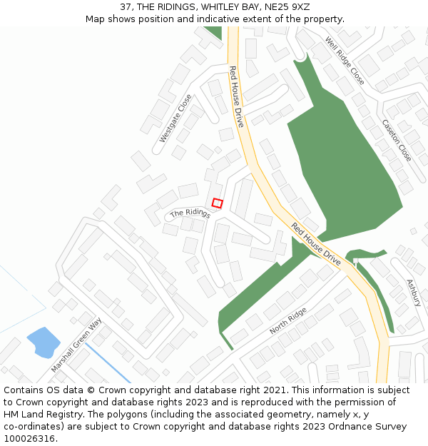 37, THE RIDINGS, WHITLEY BAY, NE25 9XZ: Location map and indicative extent of plot