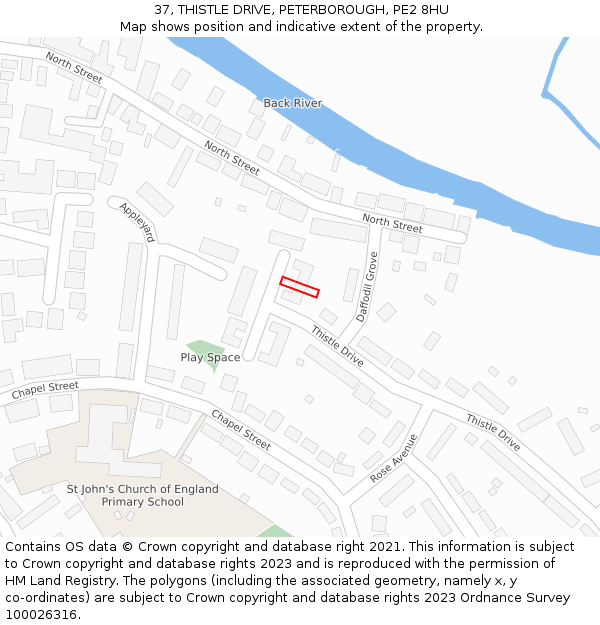 37, THISTLE DRIVE, PETERBOROUGH, PE2 8HU: Location map and indicative extent of plot