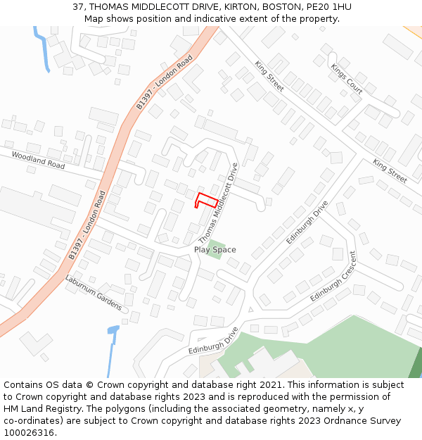 37, THOMAS MIDDLECOTT DRIVE, KIRTON, BOSTON, PE20 1HU: Location map and indicative extent of plot