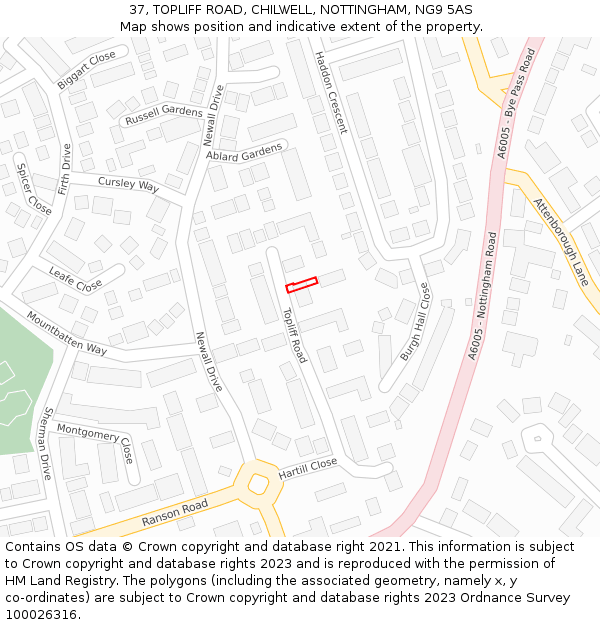 37, TOPLIFF ROAD, CHILWELL, NOTTINGHAM, NG9 5AS: Location map and indicative extent of plot