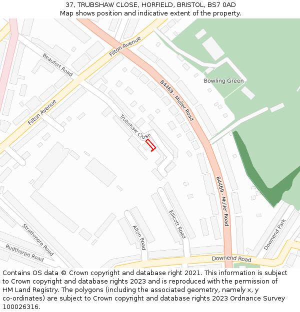 37, TRUBSHAW CLOSE, HORFIELD, BRISTOL, BS7 0AD: Location map and indicative extent of plot