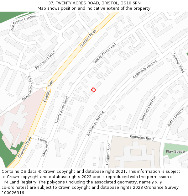 37, TWENTY ACRES ROAD, BRISTOL, BS10 6PN: Location map and indicative extent of plot