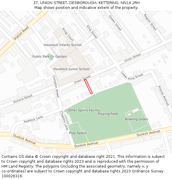 37, UNION STREET, DESBOROUGH, KETTERING, NN14 2RH: Location map and indicative extent of plot