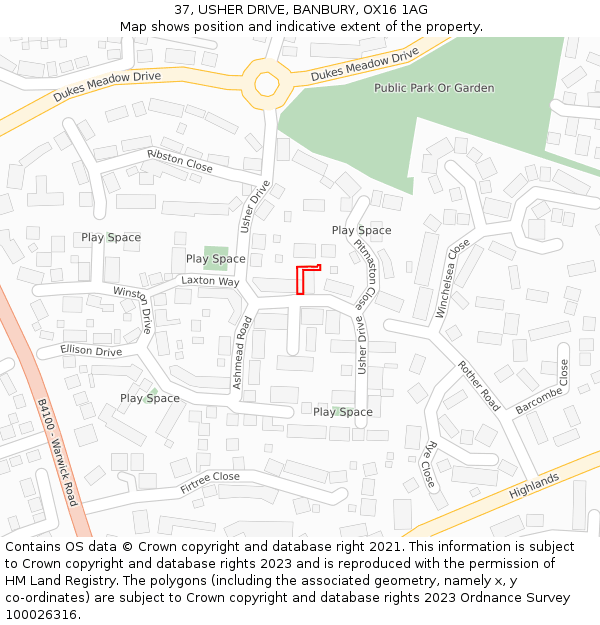 37, USHER DRIVE, BANBURY, OX16 1AG: Location map and indicative extent of plot