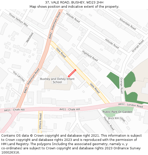 37, VALE ROAD, BUSHEY, WD23 2HH: Location map and indicative extent of plot