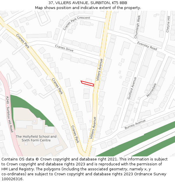 37, VILLIERS AVENUE, SURBITON, KT5 8BB: Location map and indicative extent of plot
