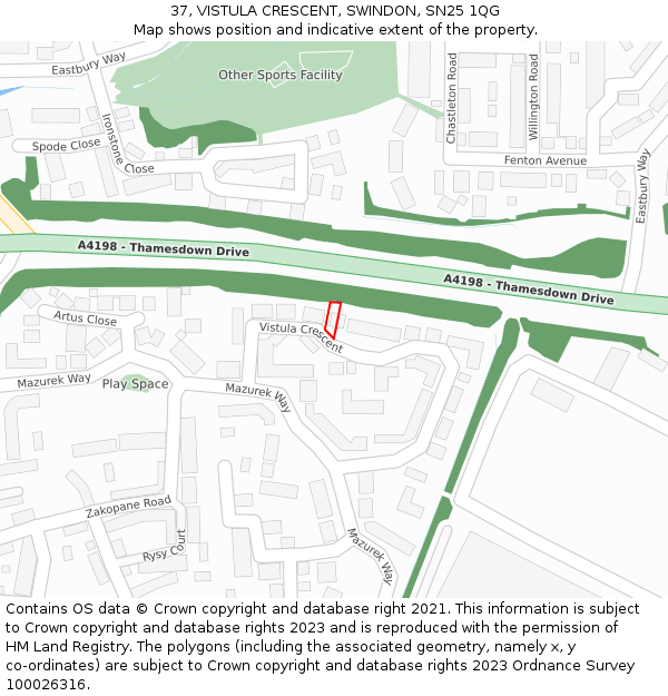37, VISTULA CRESCENT, SWINDON, SN25 1QG: Location map and indicative extent of plot