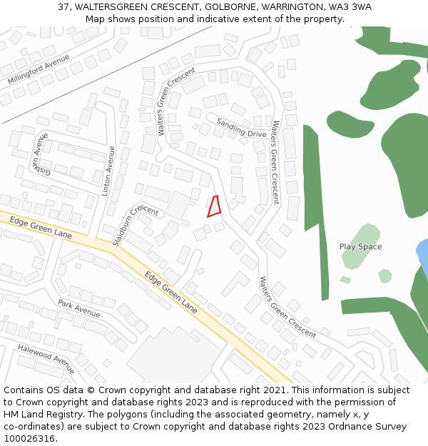 37, WALTERSGREEN CRESCENT, GOLBORNE, WARRINGTON, WA3 3WA: Location map and indicative extent of plot