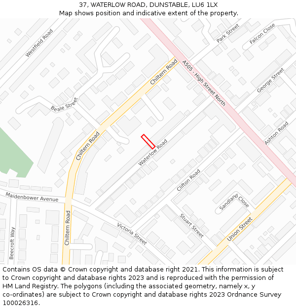 37, WATERLOW ROAD, DUNSTABLE, LU6 1LX: Location map and indicative extent of plot