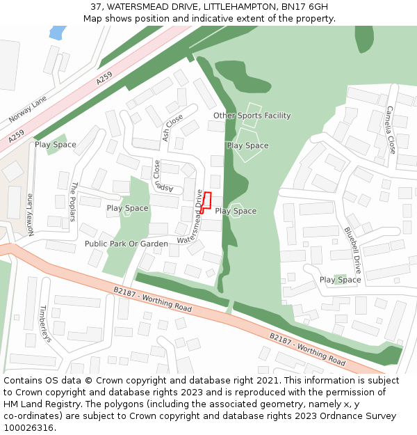 37, WATERSMEAD DRIVE, LITTLEHAMPTON, BN17 6GH: Location map and indicative extent of plot