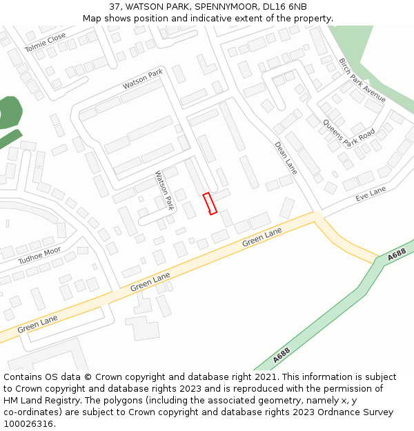 37, WATSON PARK, SPENNYMOOR, DL16 6NB: Location map and indicative extent of plot