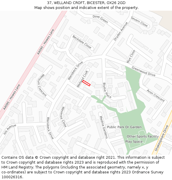 37, WELLAND CROFT, BICESTER, OX26 2GD: Location map and indicative extent of plot