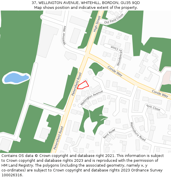 37, WELLINGTON AVENUE, WHITEHILL, BORDON, GU35 9QD: Location map and indicative extent of plot
