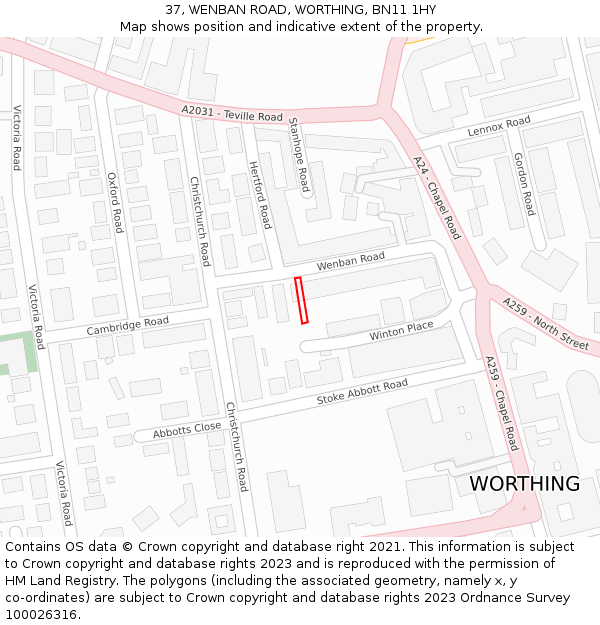 37, WENBAN ROAD, WORTHING, BN11 1HY: Location map and indicative extent of plot