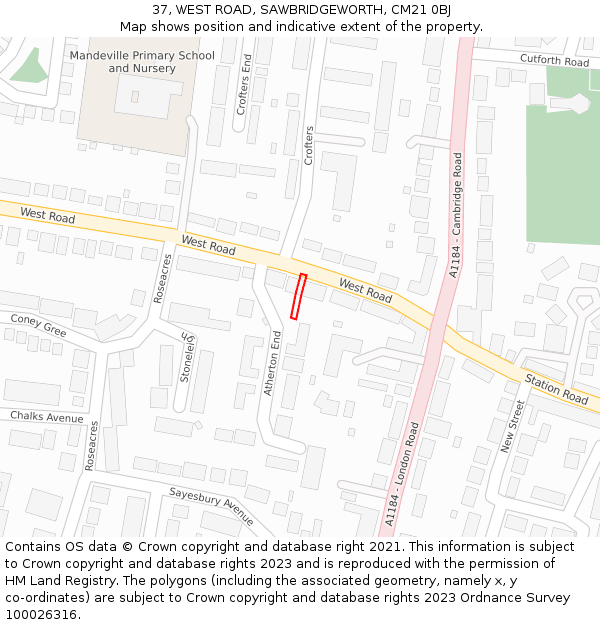 37, WEST ROAD, SAWBRIDGEWORTH, CM21 0BJ: Location map and indicative extent of plot