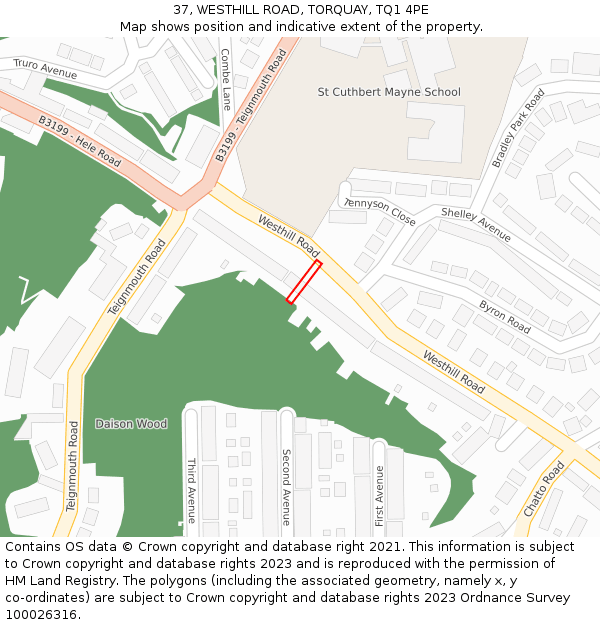 37, WESTHILL ROAD, TORQUAY, TQ1 4PE: Location map and indicative extent of plot