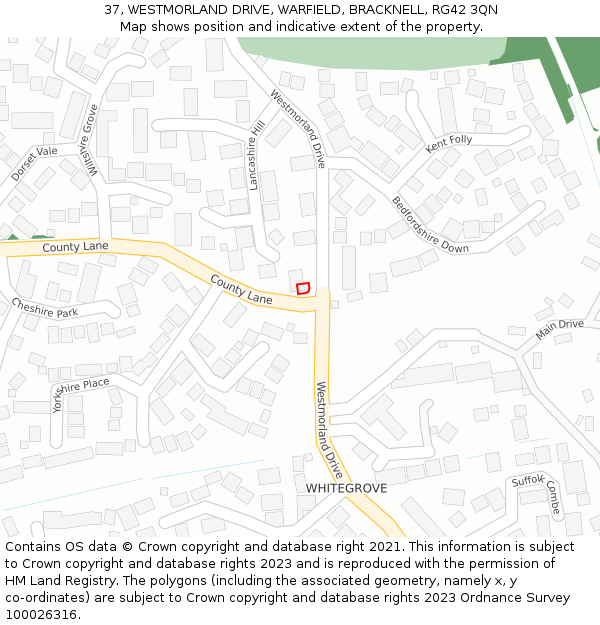 37, WESTMORLAND DRIVE, WARFIELD, BRACKNELL, RG42 3QN: Location map and indicative extent of plot