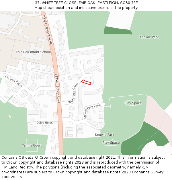 37, WHITE TREE CLOSE, FAIR OAK, EASTLEIGH, SO50 7FE: Location map and indicative extent of plot