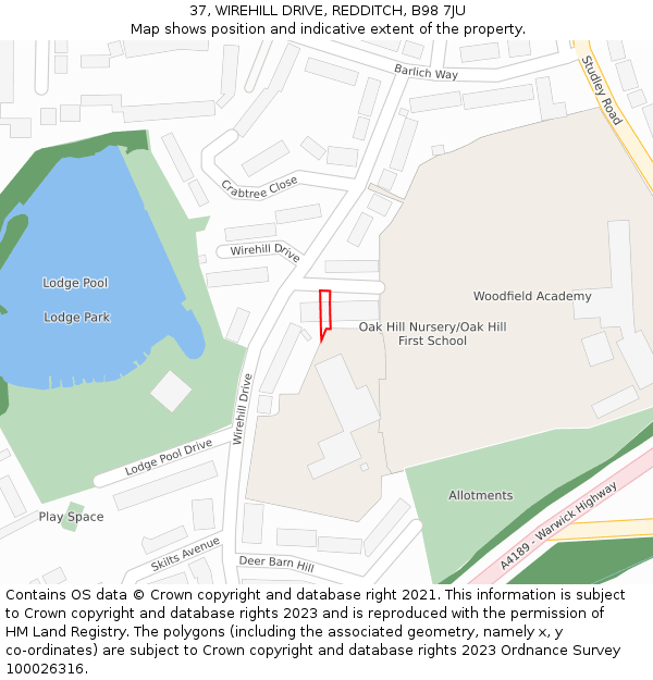 37, WIREHILL DRIVE, REDDITCH, B98 7JU: Location map and indicative extent of plot