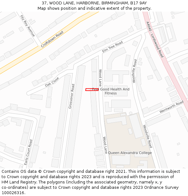 37, WOOD LANE, HARBORNE, BIRMINGHAM, B17 9AY: Location map and indicative extent of plot