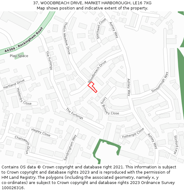 37, WOODBREACH DRIVE, MARKET HARBOROUGH, LE16 7XG: Location map and indicative extent of plot