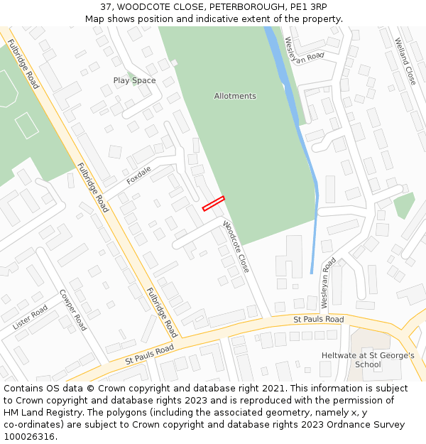 37, WOODCOTE CLOSE, PETERBOROUGH, PE1 3RP: Location map and indicative extent of plot