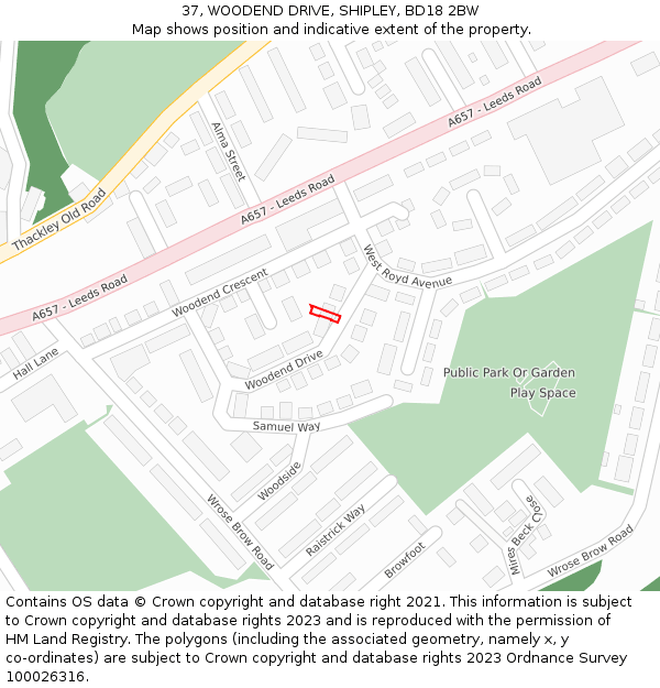 37, WOODEND DRIVE, SHIPLEY, BD18 2BW: Location map and indicative extent of plot