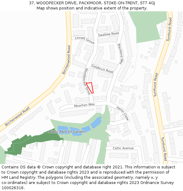 37, WOODPECKER DRIVE, PACKMOOR, STOKE-ON-TRENT, ST7 4GJ: Location map and indicative extent of plot