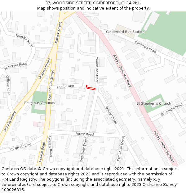 37, WOODSIDE STREET, CINDERFORD, GL14 2NU: Location map and indicative extent of plot