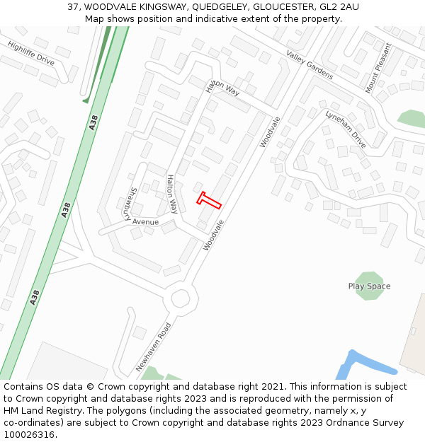 37, WOODVALE KINGSWAY, QUEDGELEY, GLOUCESTER, GL2 2AU: Location map and indicative extent of plot