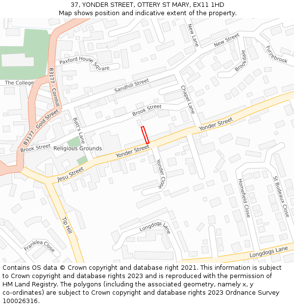 37, YONDER STREET, OTTERY ST MARY, EX11 1HD: Location map and indicative extent of plot