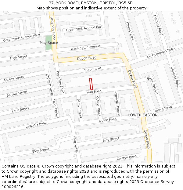 37, YORK ROAD, EASTON, BRISTOL, BS5 6BL: Location map and indicative extent of plot