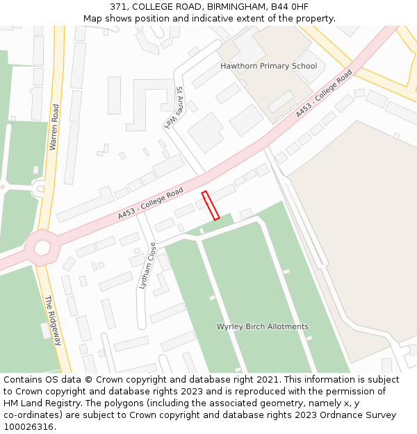 371, COLLEGE ROAD, BIRMINGHAM, B44 0HF: Location map and indicative extent of plot