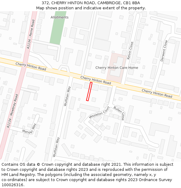 372, CHERRY HINTON ROAD, CAMBRIDGE, CB1 8BA: Location map and indicative extent of plot