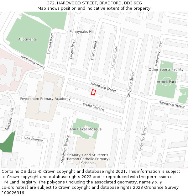 372, HAREWOOD STREET, BRADFORD, BD3 9EG: Location map and indicative extent of plot