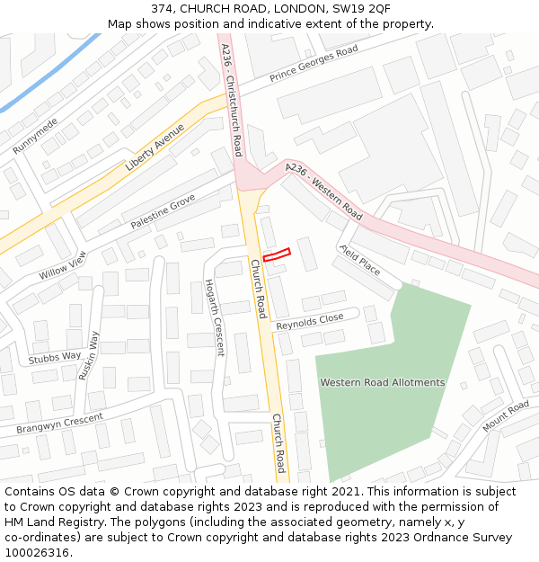374, CHURCH ROAD, LONDON, SW19 2QF: Location map and indicative extent of plot