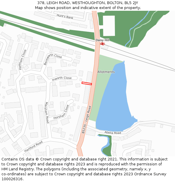 378, LEIGH ROAD, WESTHOUGHTON, BOLTON, BL5 2JY: Location map and indicative extent of plot