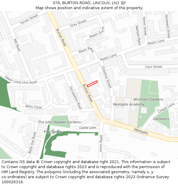 37A, BURTON ROAD, LINCOLN, LN1 3JY: Location map and indicative extent of plot