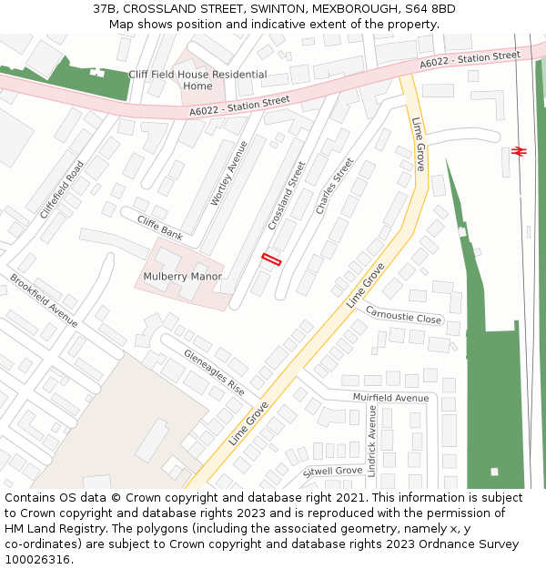 37B, CROSSLAND STREET, SWINTON, MEXBOROUGH, S64 8BD: Location map and indicative extent of plot