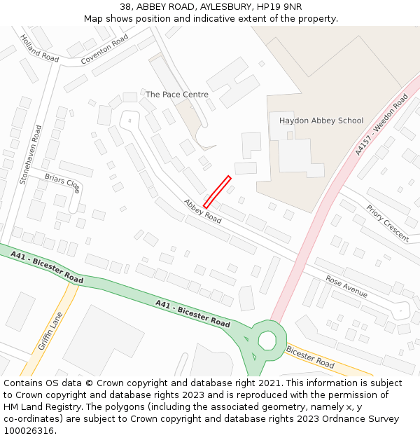38, ABBEY ROAD, AYLESBURY, HP19 9NR: Location map and indicative extent of plot