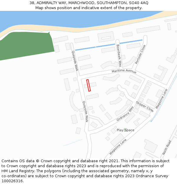 38, ADMIRALTY WAY, MARCHWOOD, SOUTHAMPTON, SO40 4AQ: Location map and indicative extent of plot
