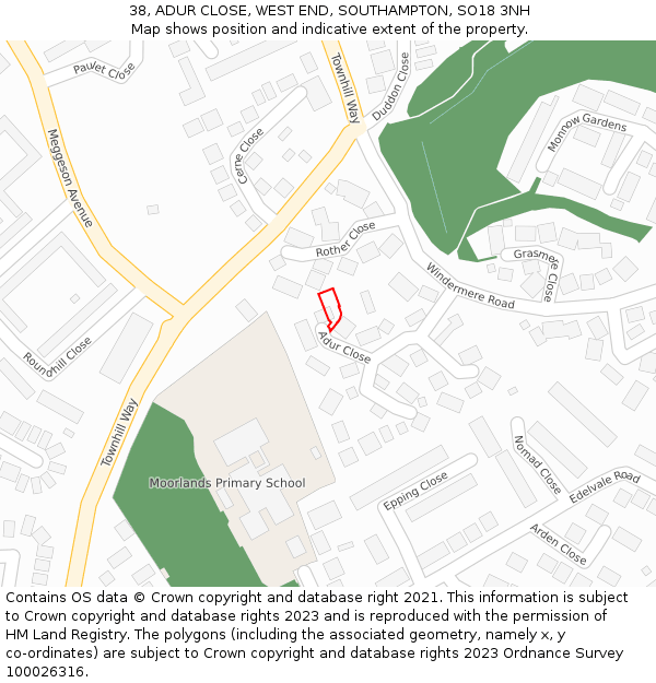 38, ADUR CLOSE, WEST END, SOUTHAMPTON, SO18 3NH: Location map and indicative extent of plot
