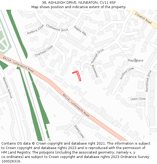 38, ASHLEIGH DRIVE, NUNEATON, CV11 6SF: Location map and indicative extent of plot